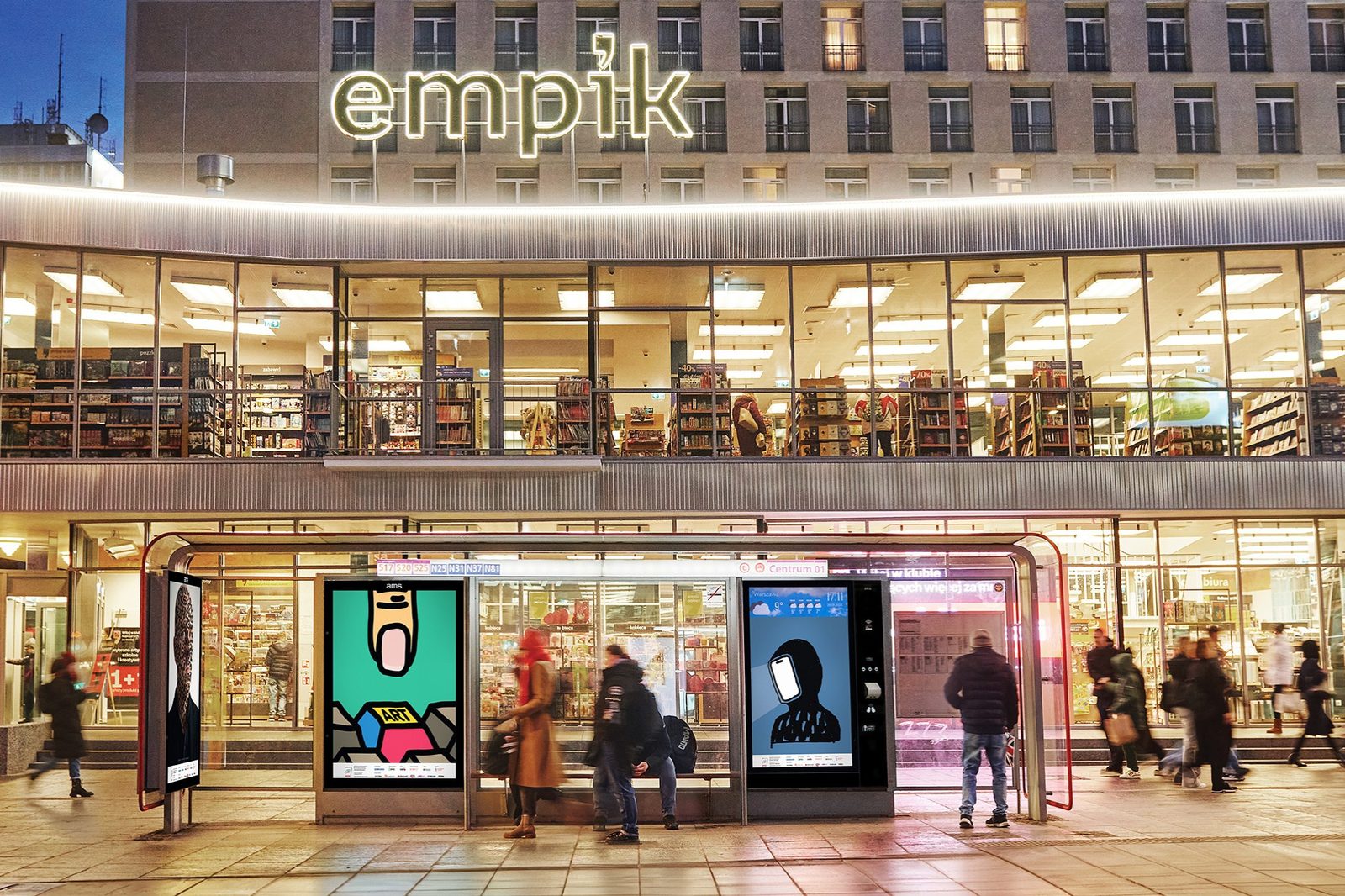 AMS bus shelter with classic and digital citylight panels outside Empik in central Warsaw
