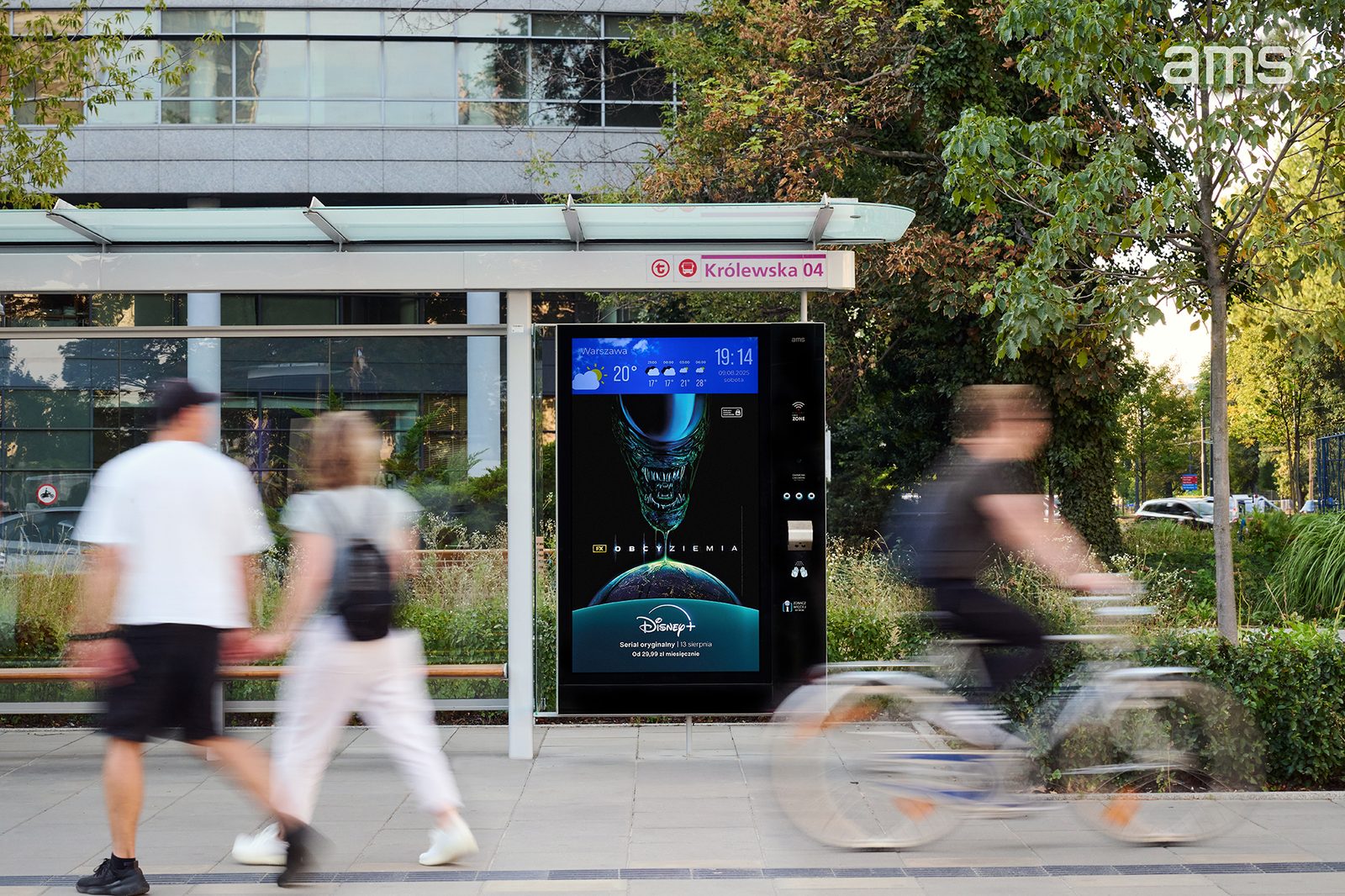AMS digital citylight at a Warsaw bus stop showing a Disney+ campaign