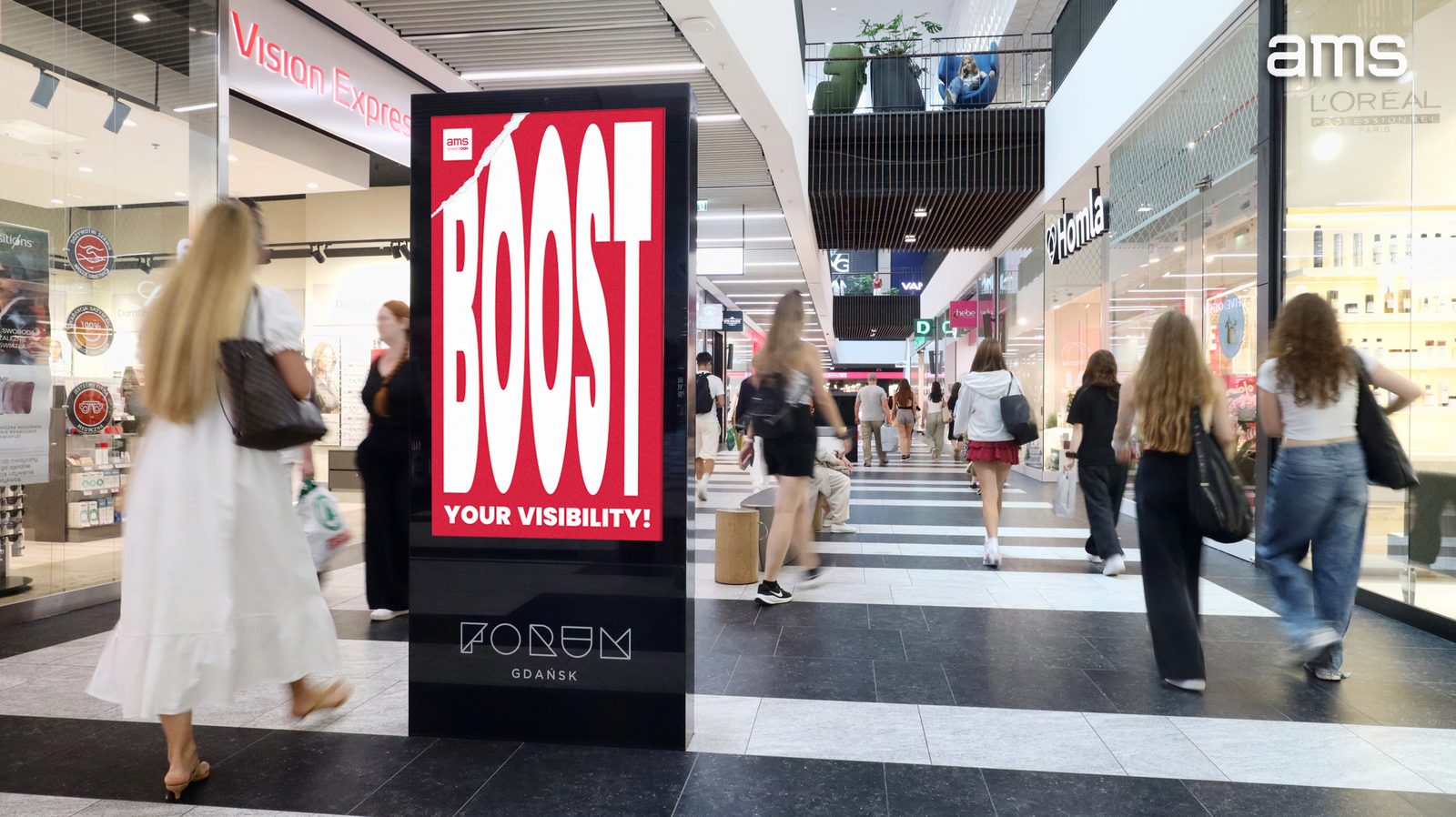 AMS indoor DOOH totem inside the Forum Gdansk shopping centre
