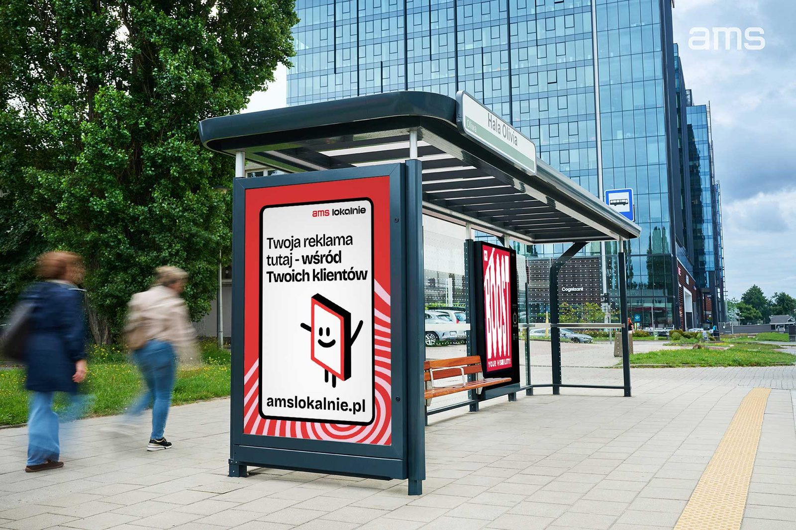 AMS Lokalnie self-service advertising promoted on a bus shelter citylight in Gdansk