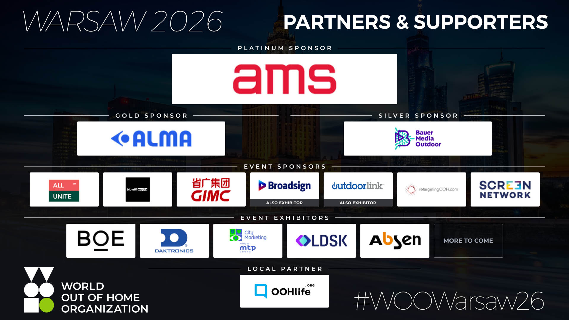 Warsaw 2026 Partners and Supporters: Platinum Sponsor AMS, Gold Sponsor Alma, Silver Sponsor Bauer Media Outdoor, with the Forum's event sponsors, exhibitors and Supporting Association OOHlife