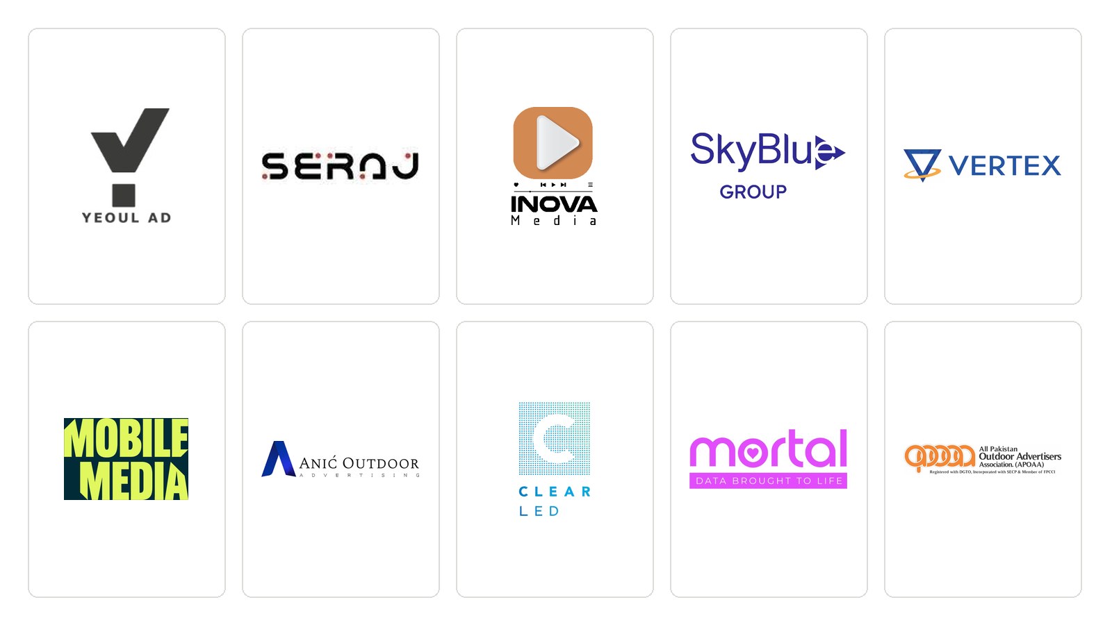Logos of the ten new WOO members: Yeoul Ad, ONEIC Media-Seraj, Inova Media, SkyBlue Group, Vertex, Mobile Media, Anic Media, ClearLED, Mortal and APOAA
